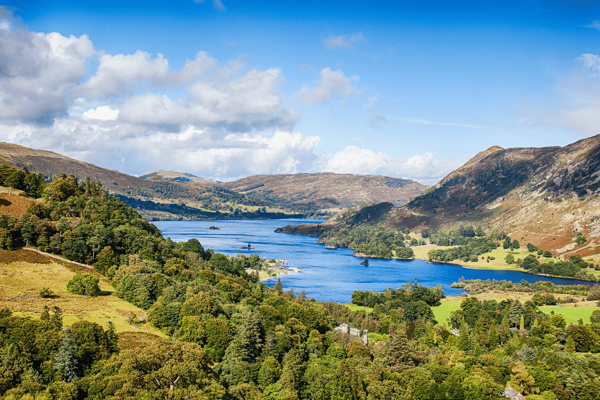 Scenic view of a lake in the UK Lake District, surrounded by majestic mountains and lush green trees